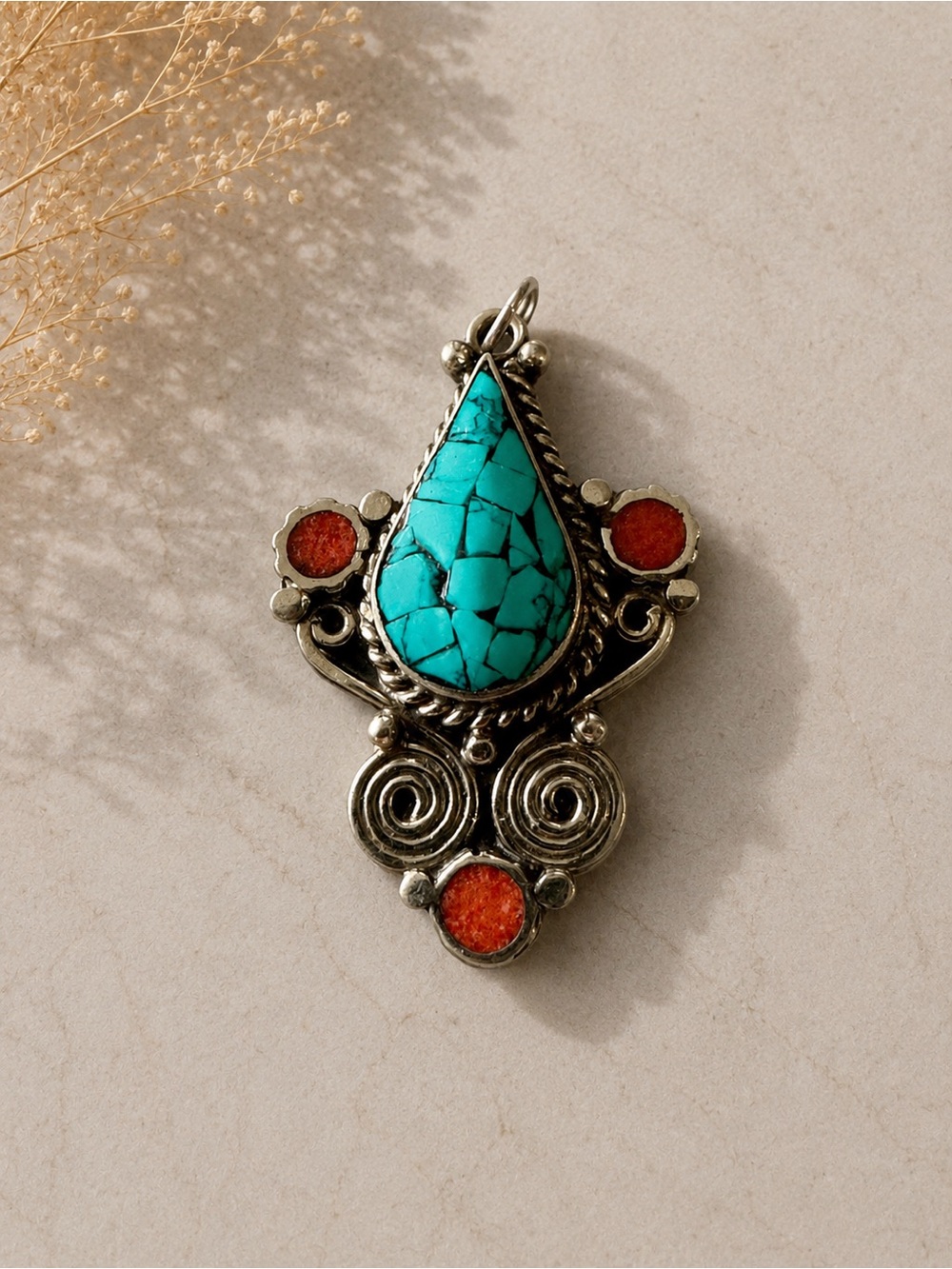 Turquoise Teardrop & Coral Accent 925 Sterling Silver Pendant